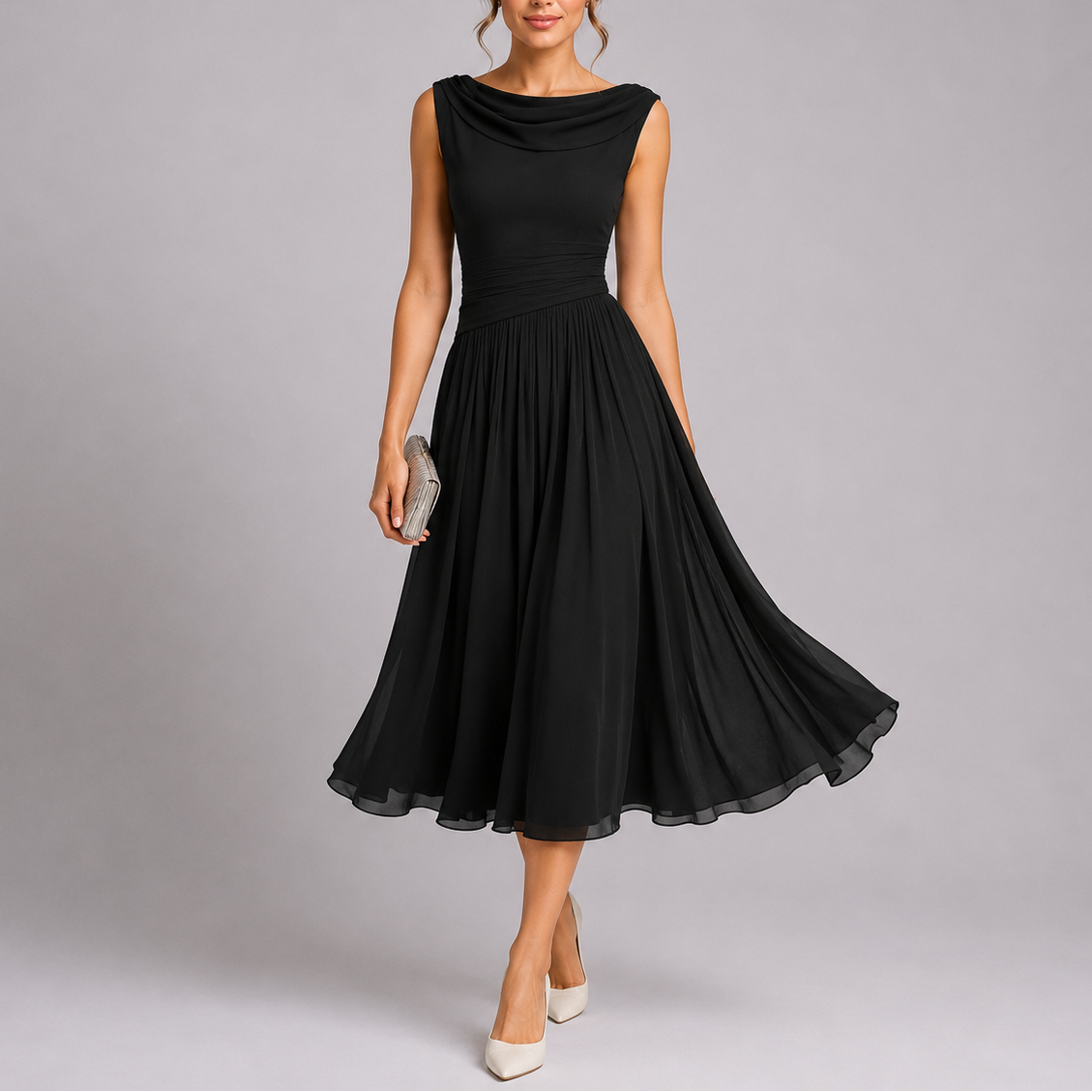 Robe Midi Plissée à Col Drapé