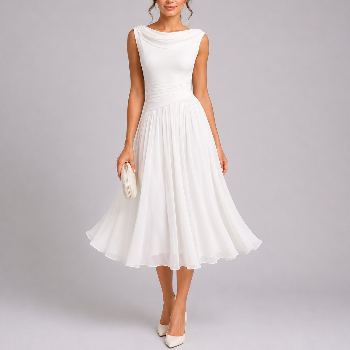 Robe Midi Plissée à Col Drapé
