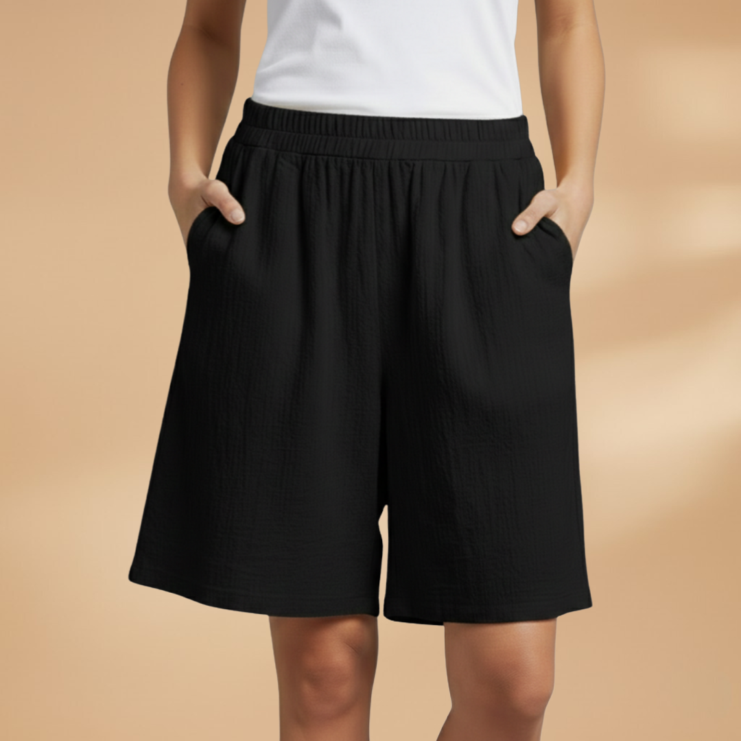 Short au genou femme — pantalon court large à taille froncée | vacances