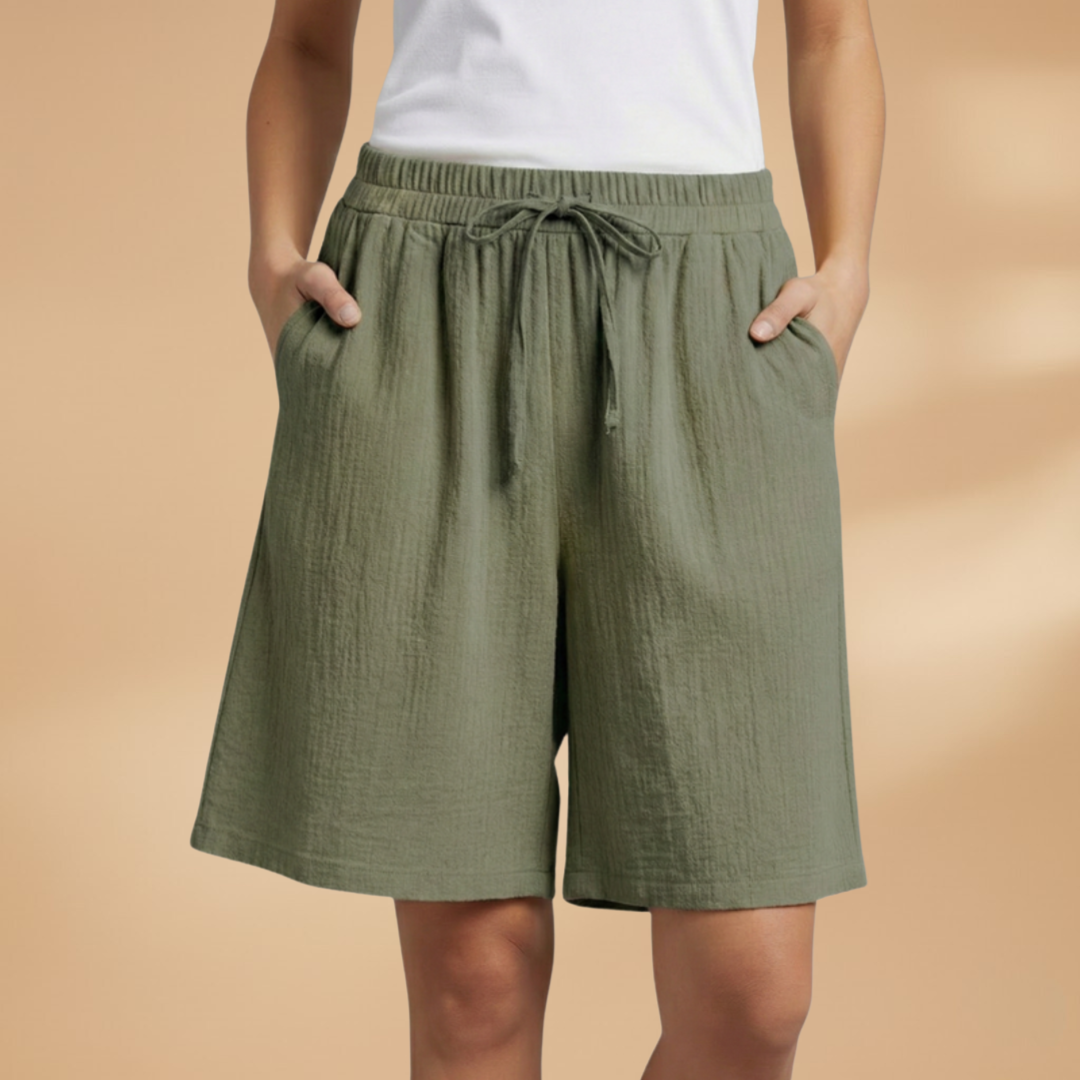 Short au genou femme — pantalon court large à taille froncée | vacances