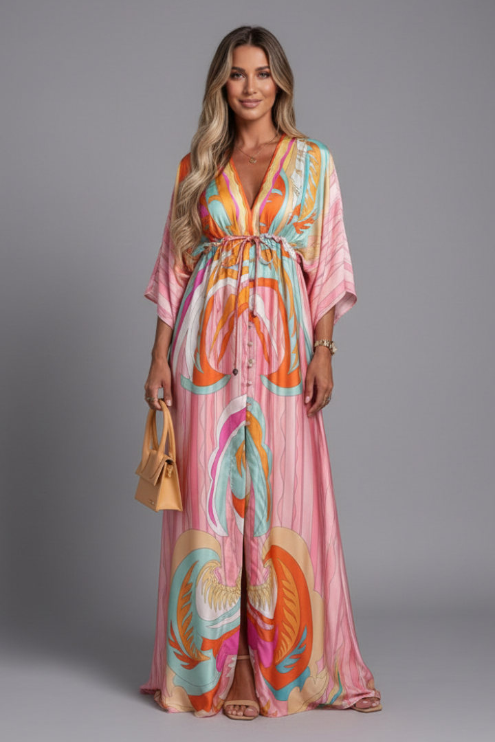 Robe longue pour femme — coupe ample imprimée avec cordon de serrage | vacances