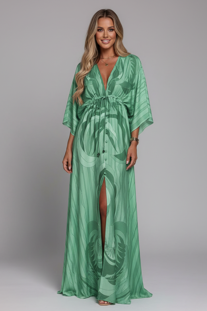 Robe longue pour femme — coupe ample imprimée avec cordon de serrage | vacances