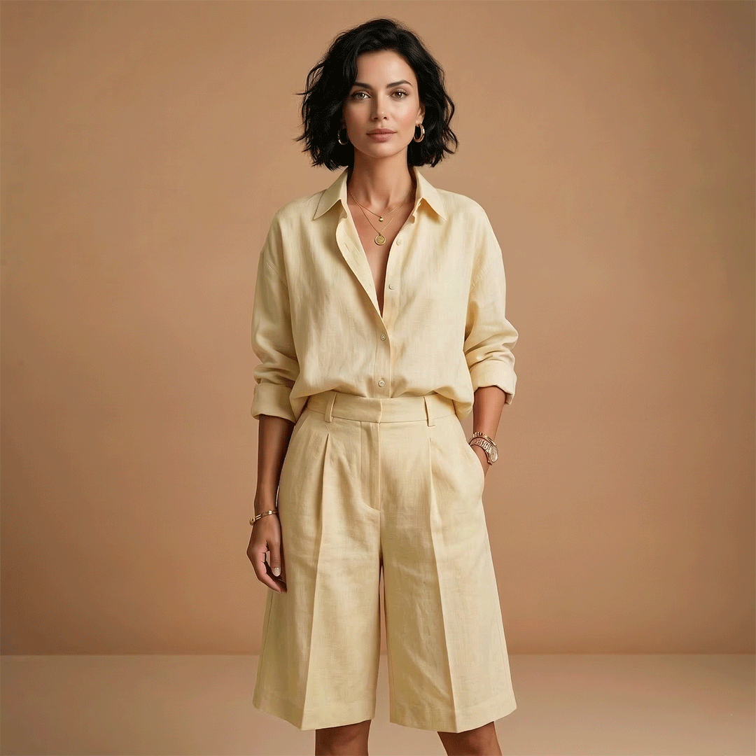 Parure chemise et pantalon court femme - ensemble plissé avec poches | vacances