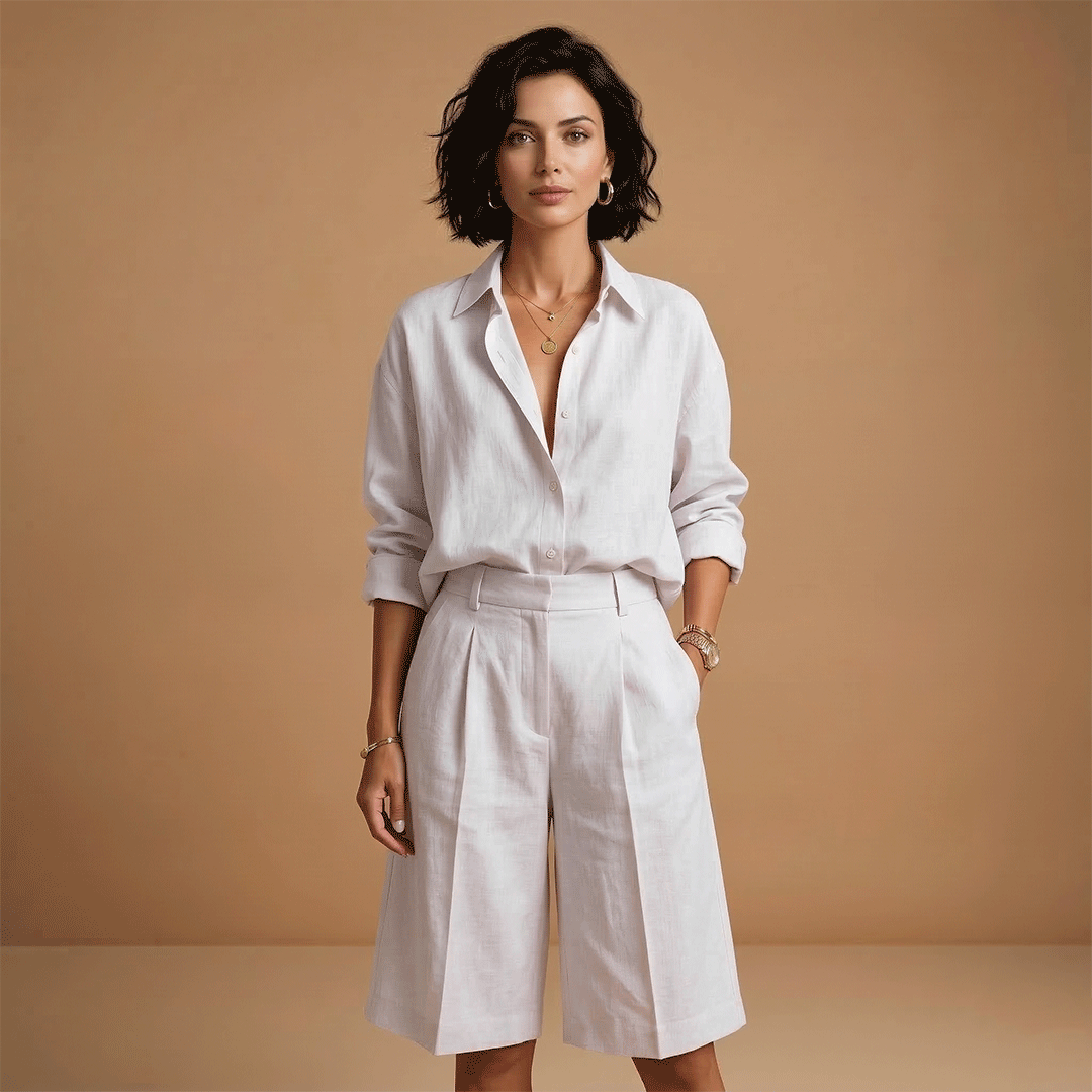 Parure chemise et pantalon court femme - ensemble plissé avec poches | vacances