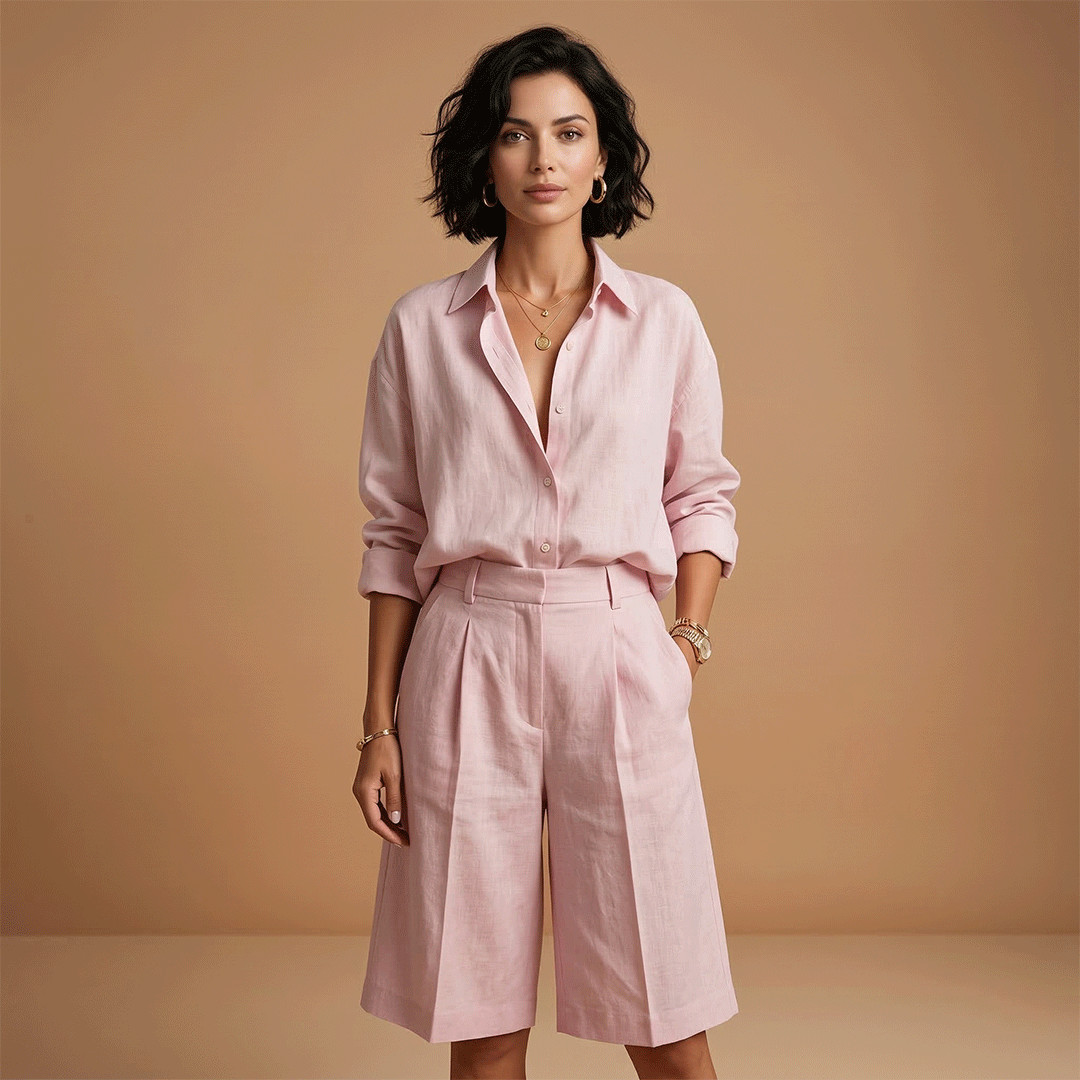 Parure chemise et pantalon court femme - ensemble plissé avec poches | vacances