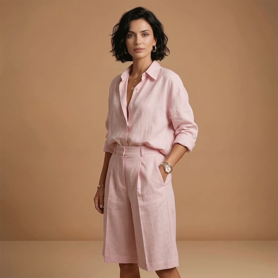 Parure chemise et pantalon court femme - ensemble plissé avec poches | vacances