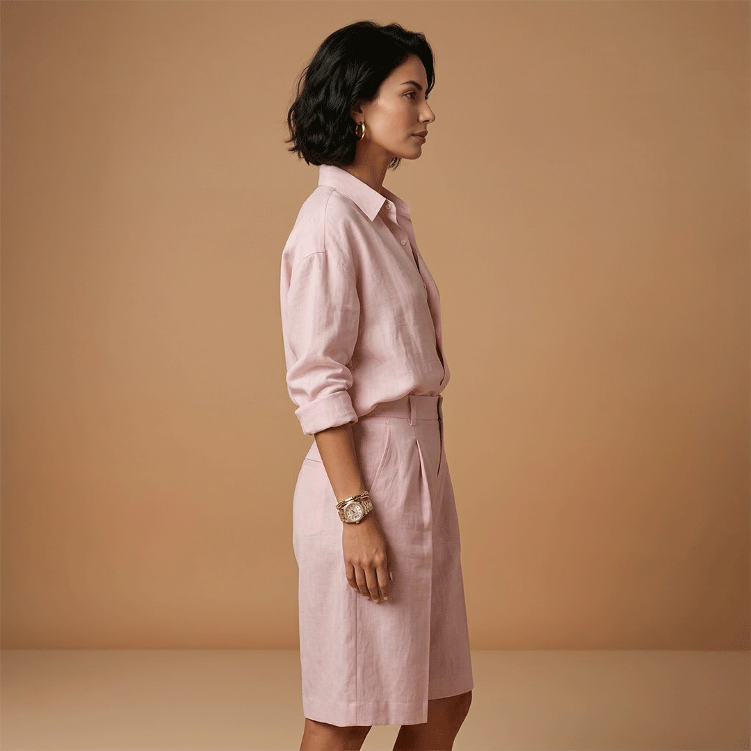 Parure chemise et pantalon court femme - ensemble plissé avec poches | vacances
