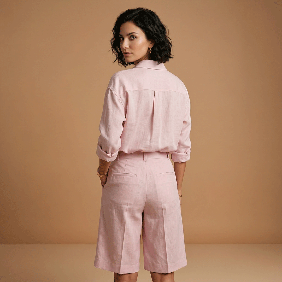 Parure chemise et pantalon court femme - ensemble plissé avec poches | vacances