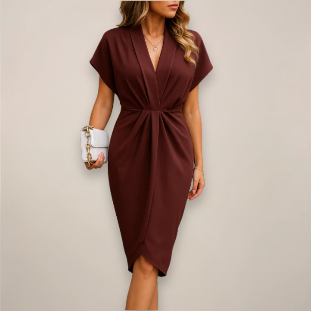 Robe Midi Croisée à Manches Courtes