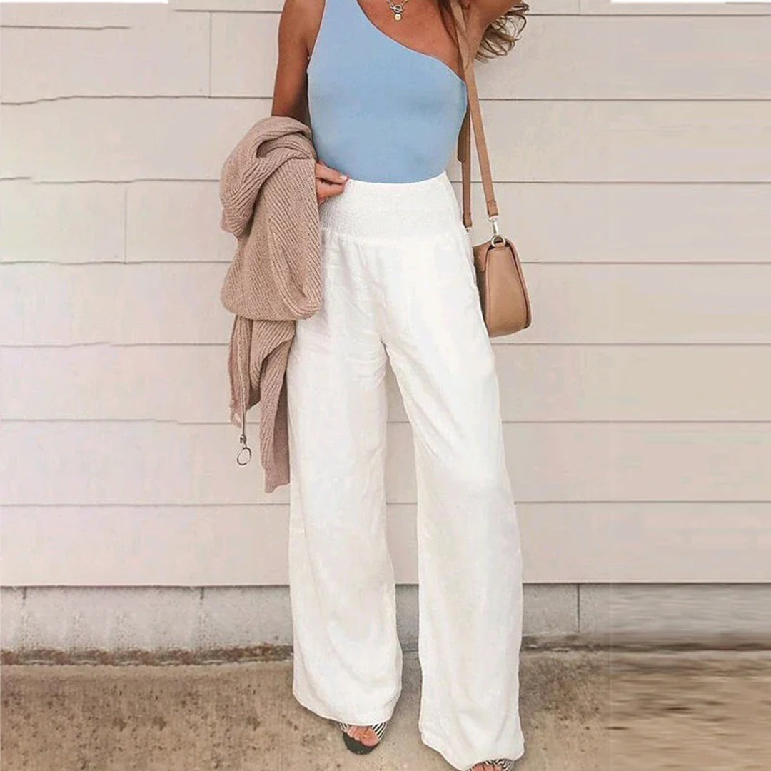 Pantalon femme coupe large taille haute élastique