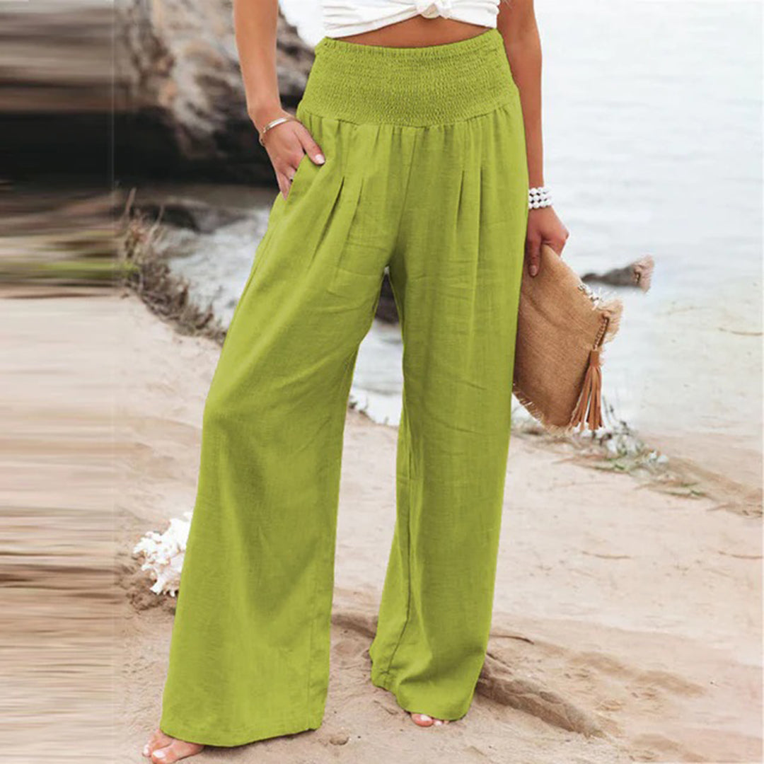 Pantalon femme coupe large taille haute élastique