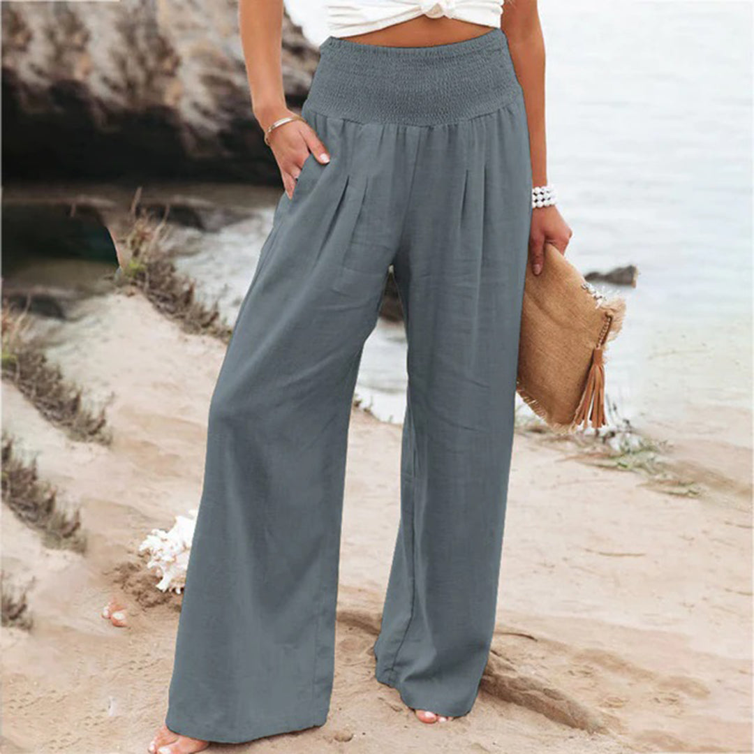 Pantalon femme coupe large taille haute élastique