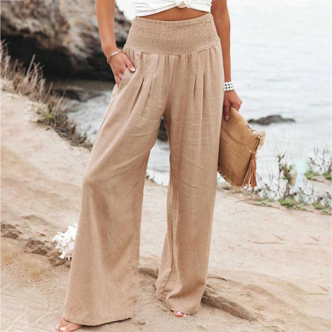 Pantalon femme coupe large taille haute élastique
