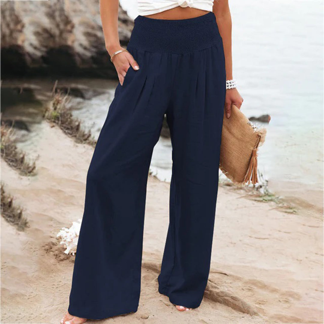 Pantalon femme coupe large taille haute élastique