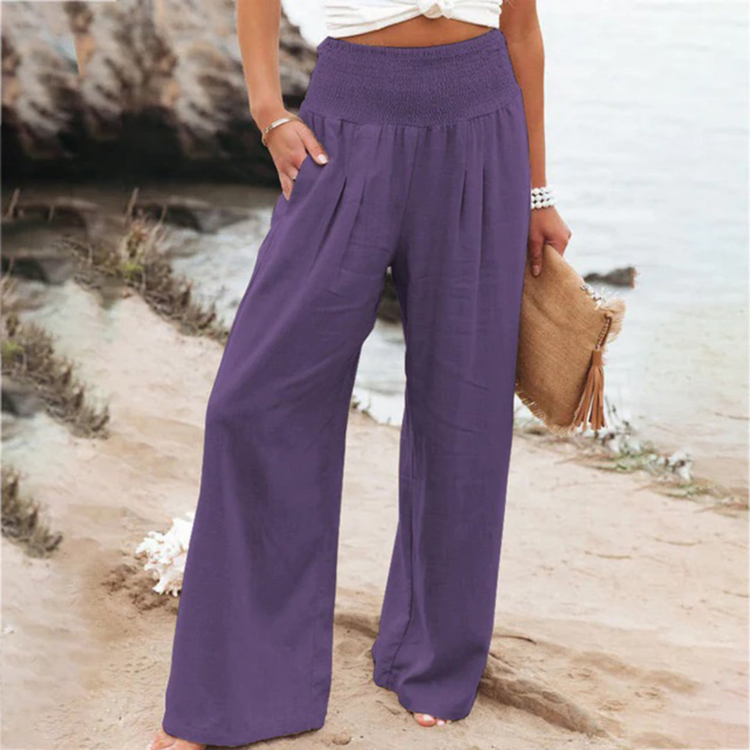 Pantalon femme coupe large taille haute élastique