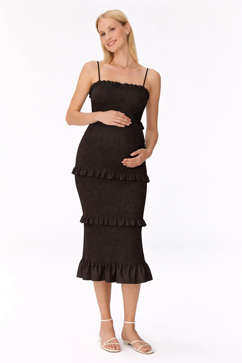 Robe maternité midi smockée à volants