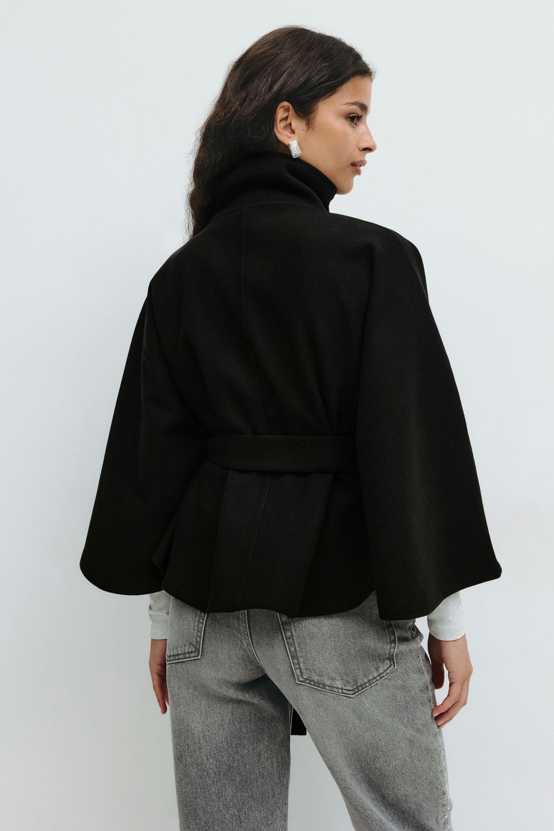 Cape Femme – High Neck Tie Waist Loose Silhouette