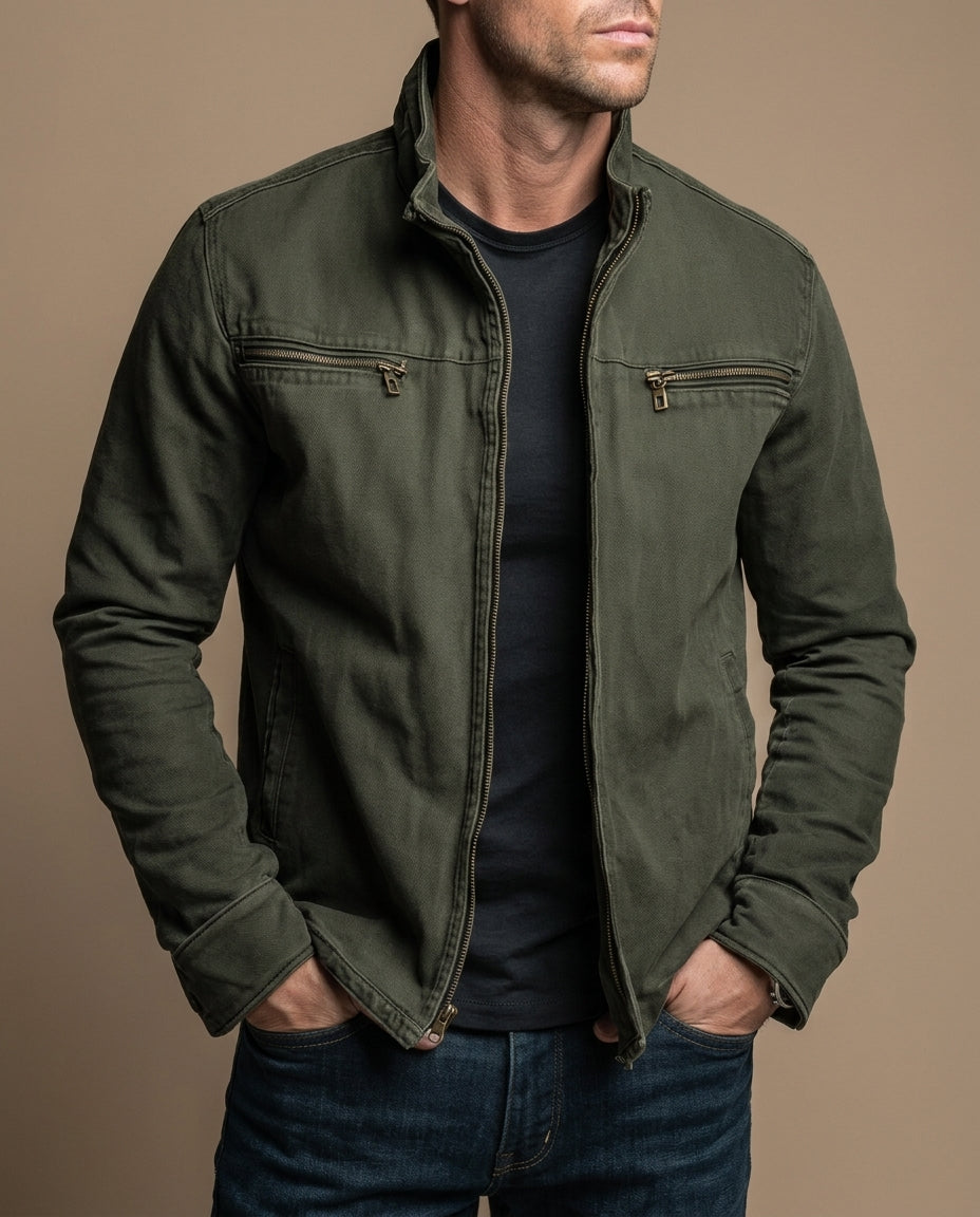 Men's Jacket – Stand Collar, Full-Zip, Zipped Chest Pockets, Vintage Field Style