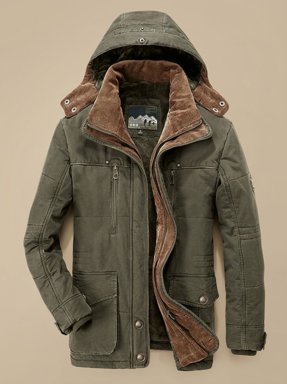 Abrigo acolchado para hombre - capucha desmontable y múltiples bolsillos