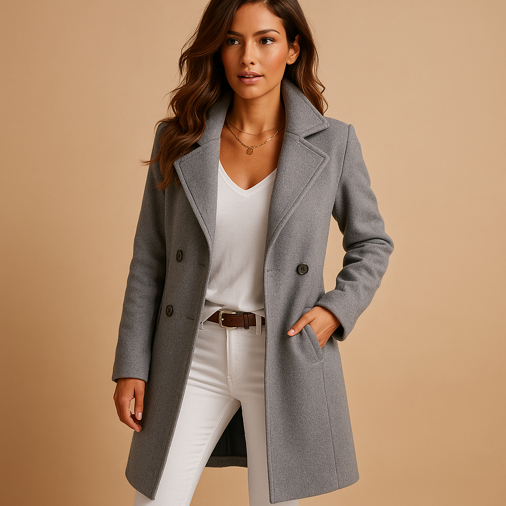 Women's Fabric Coat – Classic Collar, Double-Breasted, Long Silhouette