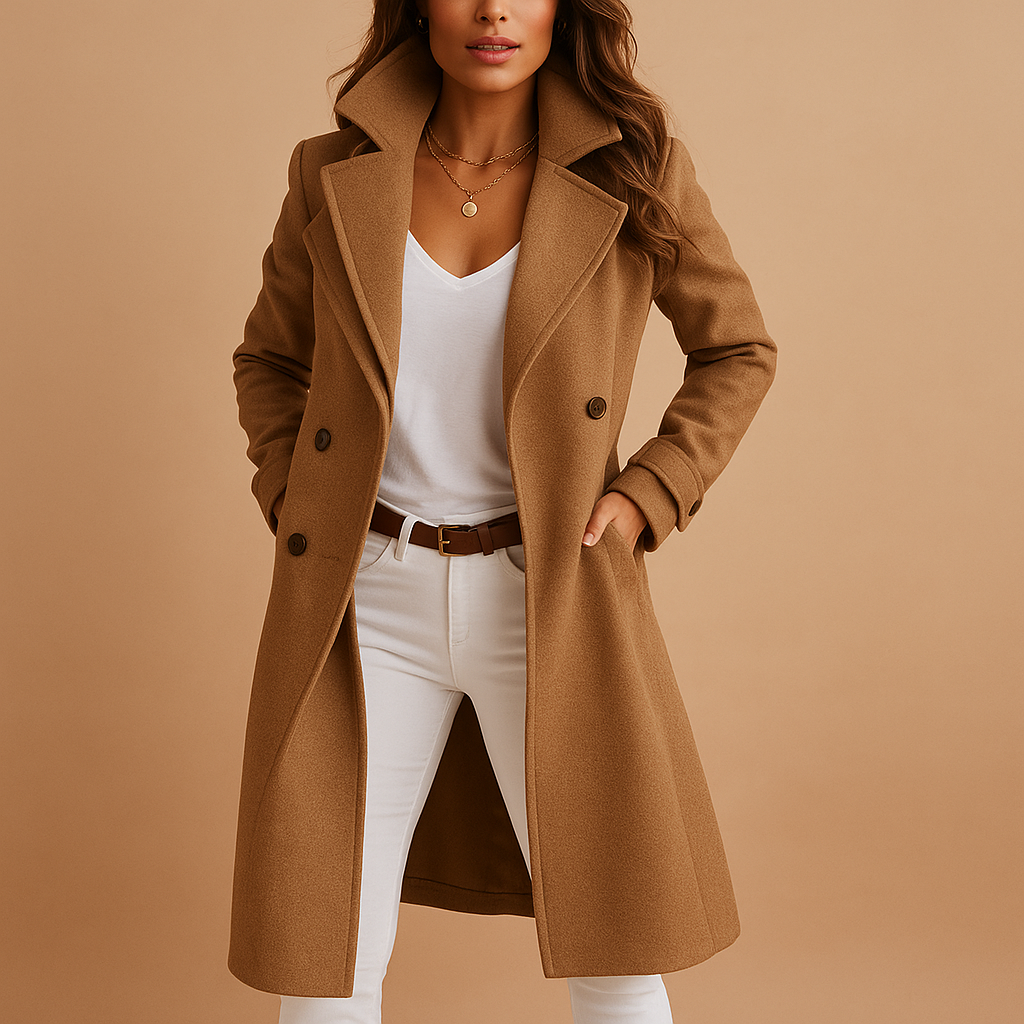 Women's Fabric Coat – Classic Collar, Double-Breasted, Long Silhouette