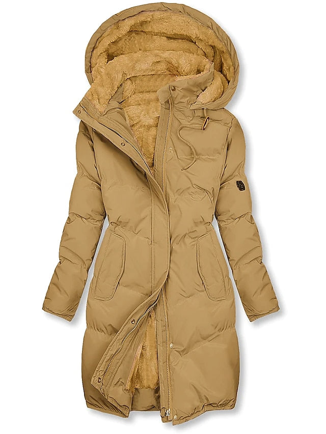 Women's Fleece Coat - Drawstring Hood and Flattering Long Silhouette