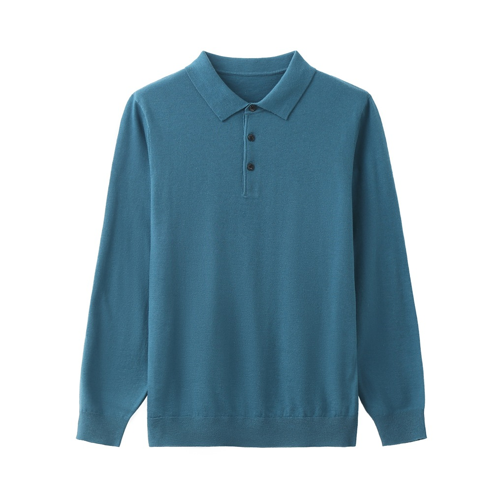 Polo homme 100% laine mérinos à manches longues et col boutonné coupe décontractée