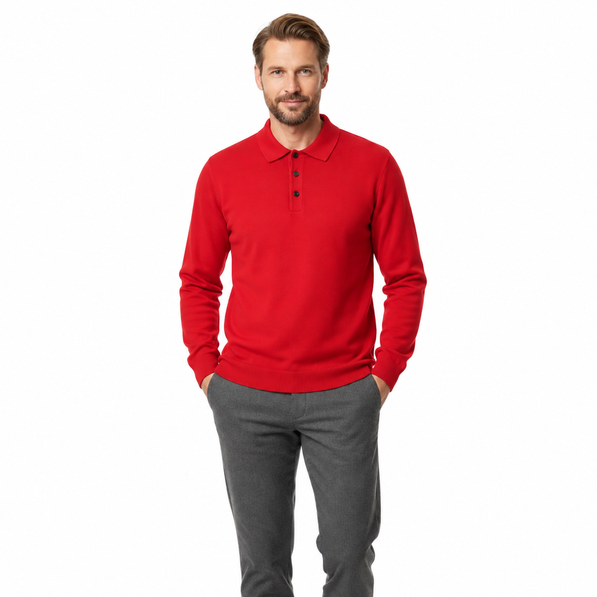 Polo homme 100% laine mérinos à manches longues et col boutonné coupe décontractée