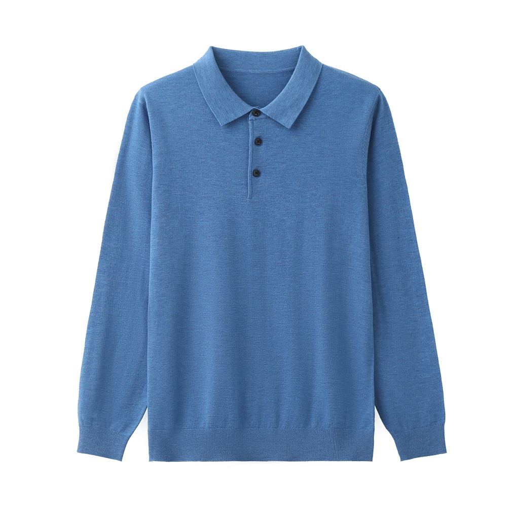 Polo homme 100% laine mérinos à manches longues et col boutonné coupe décontractée