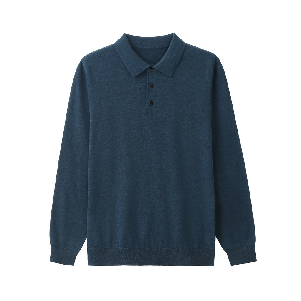 Polo homme 100% laine mérinos à manches longues et col boutonné coupe décontractée
