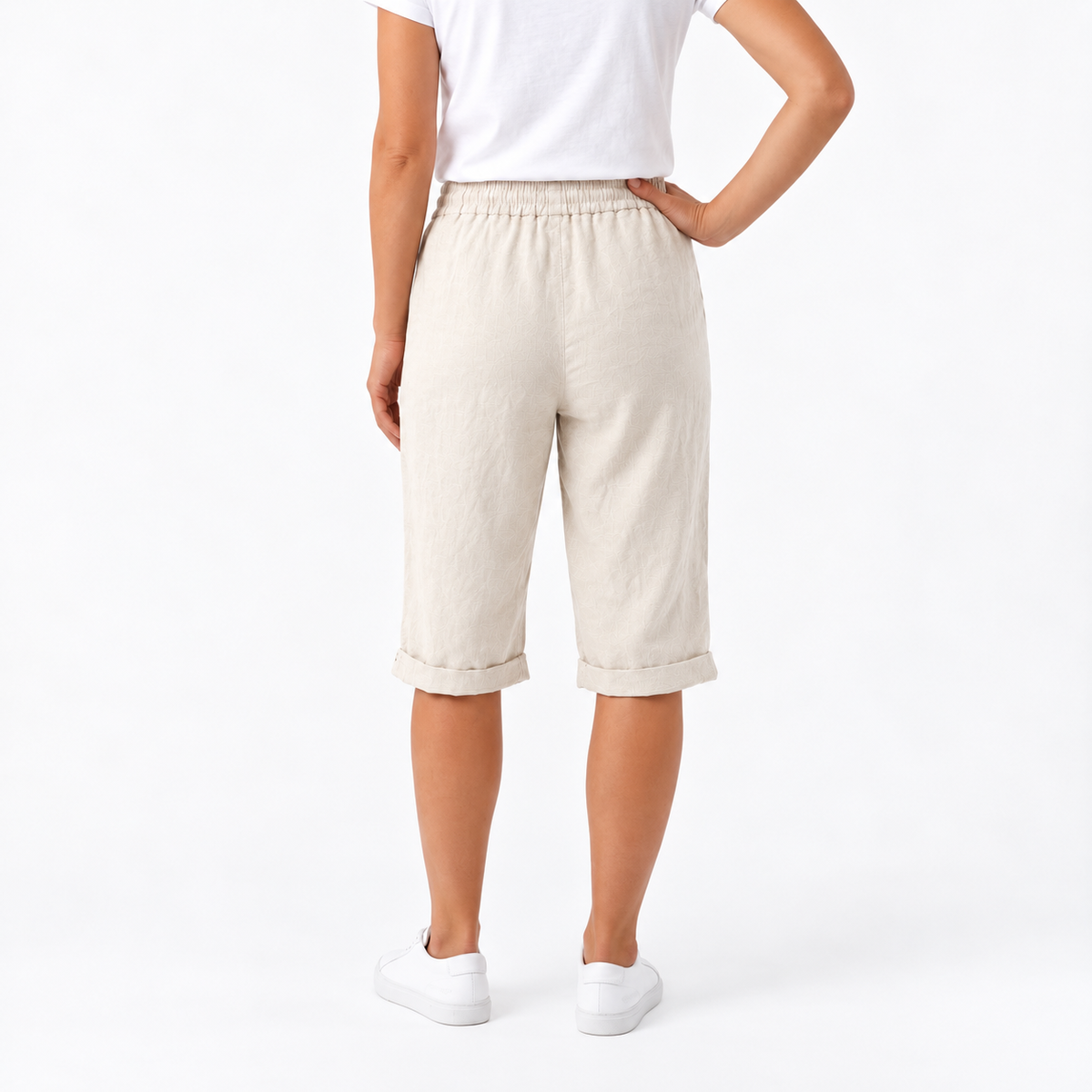 Short de algodón y lino con cintura elástica y bolsillos para mujer