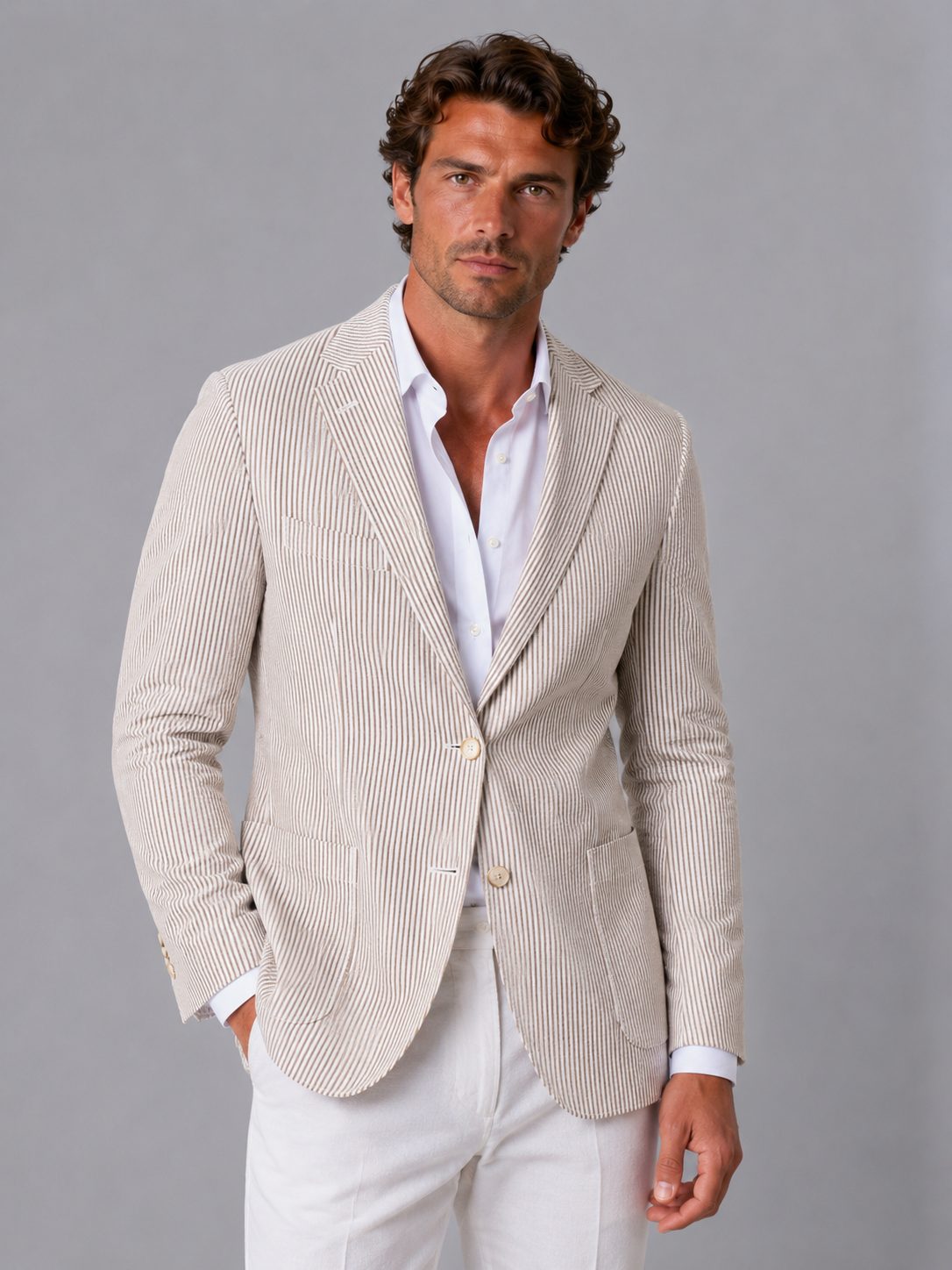 Blazer da uomo in seersucker – righe, rever dentellato, vestibilità casual