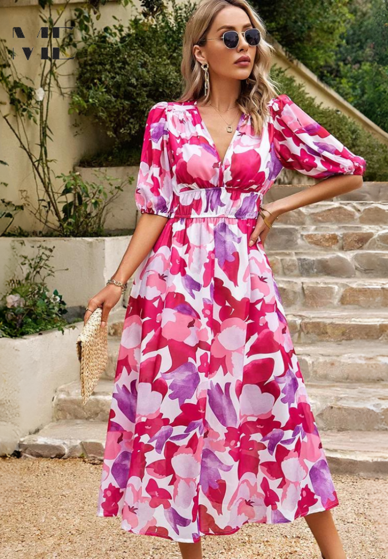 Robe imprimée pour femme - modèle évasé mi-long avec taille élastique - cocktail