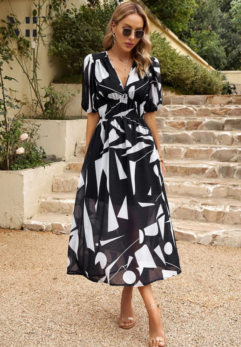 Robe imprimée pour femme - modèle évasé mi-long avec taille élastique - cocktail