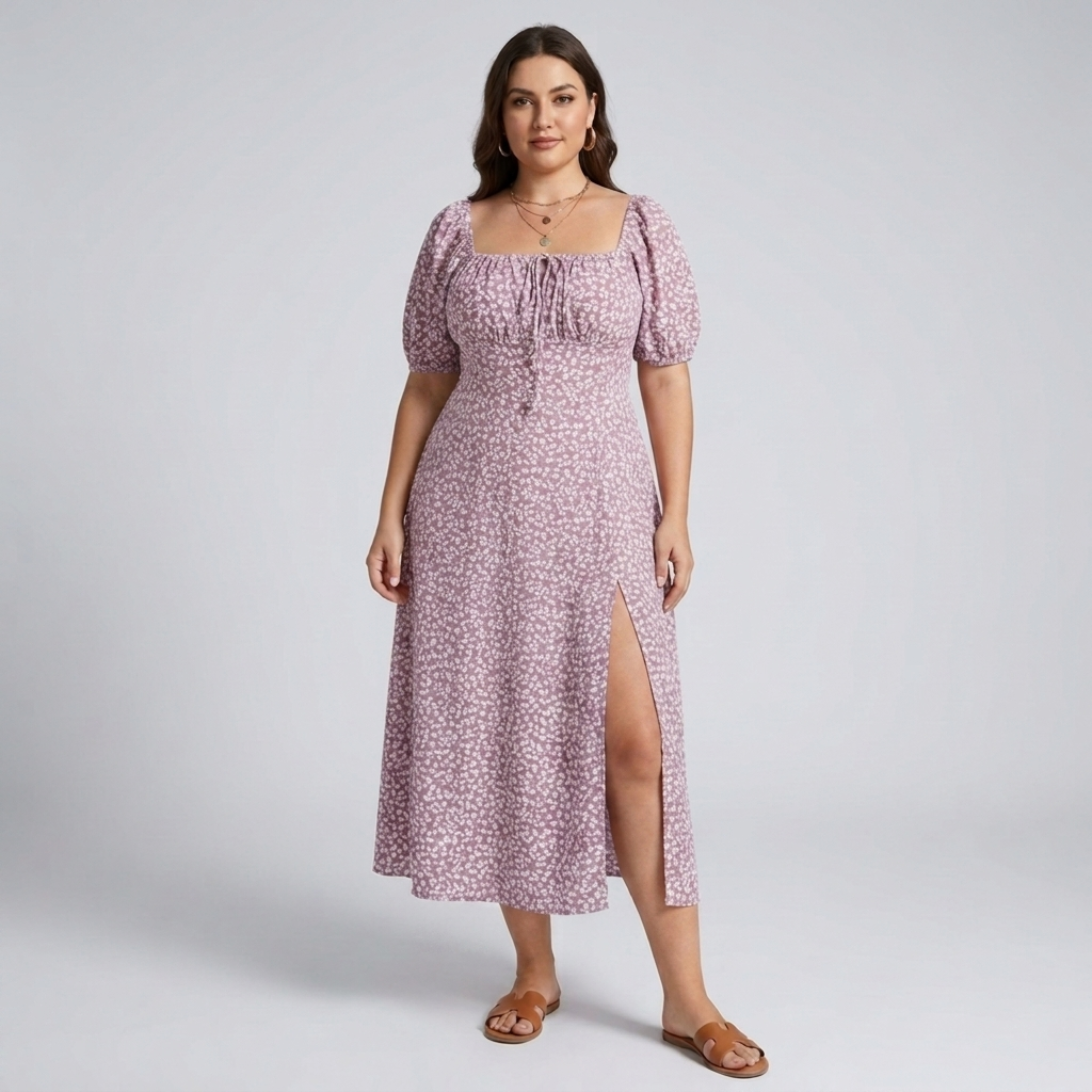 Robe longue grande taille à manches bouffantes imprimée