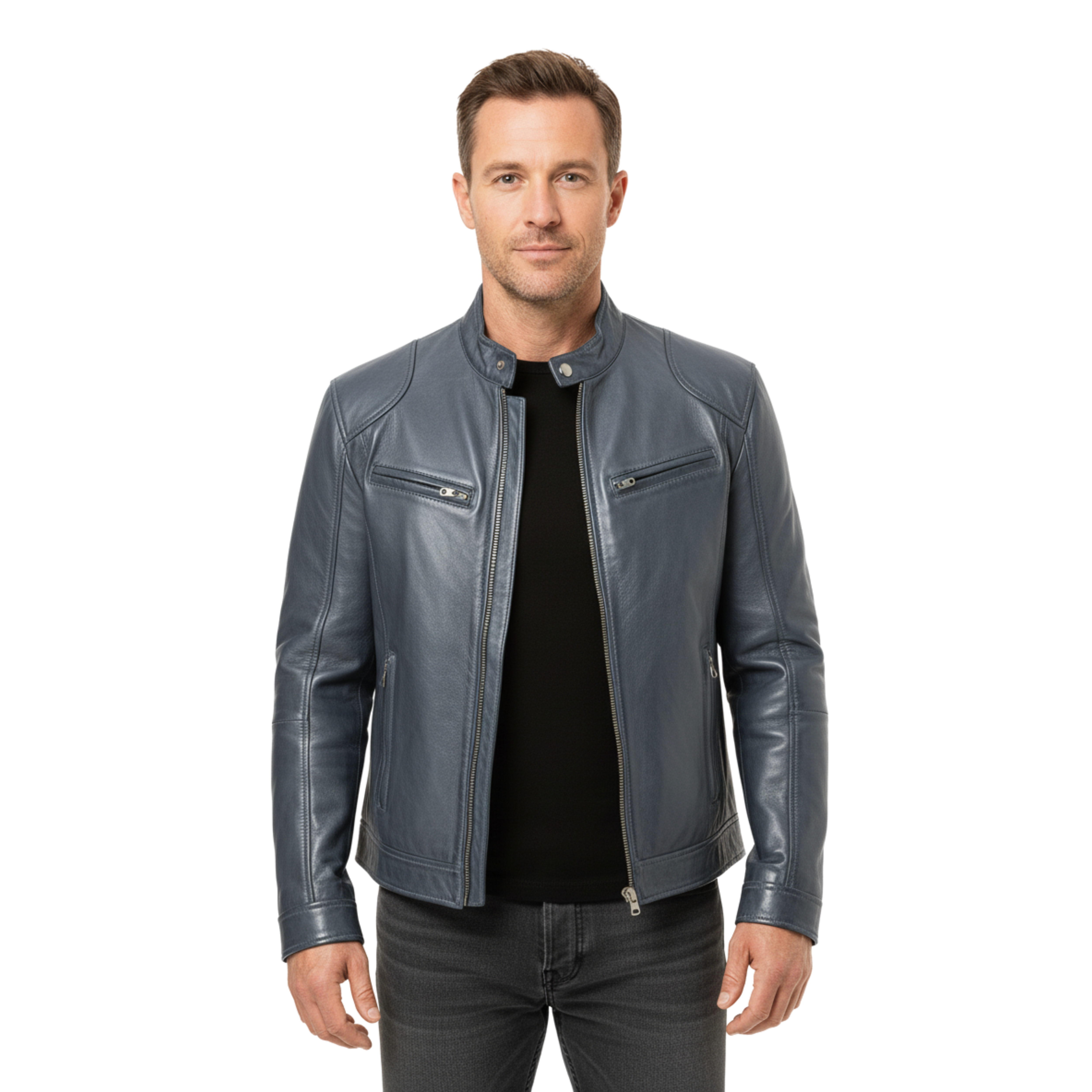 Veste en Cuir pour Homme avec Col Officier et Poches Zippées Coupe Ajustée