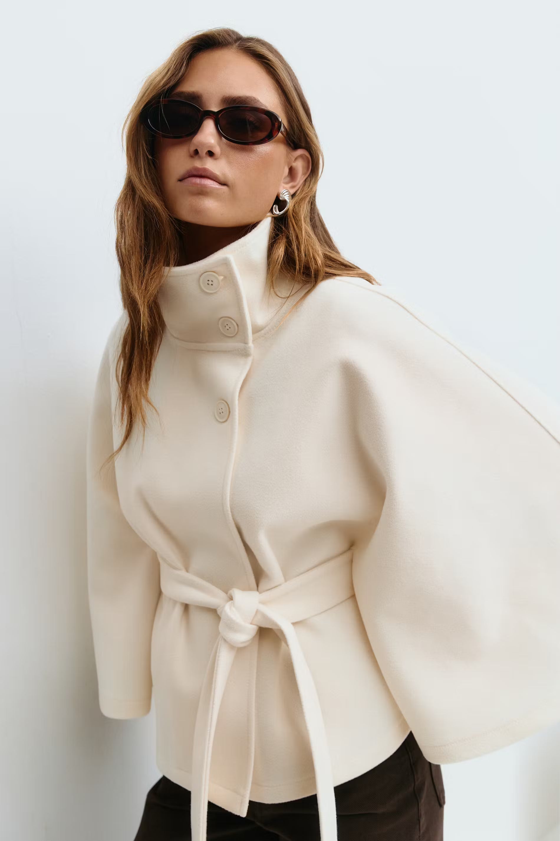 Cape Femme – High Neck Tie Waist Loose Silhouette