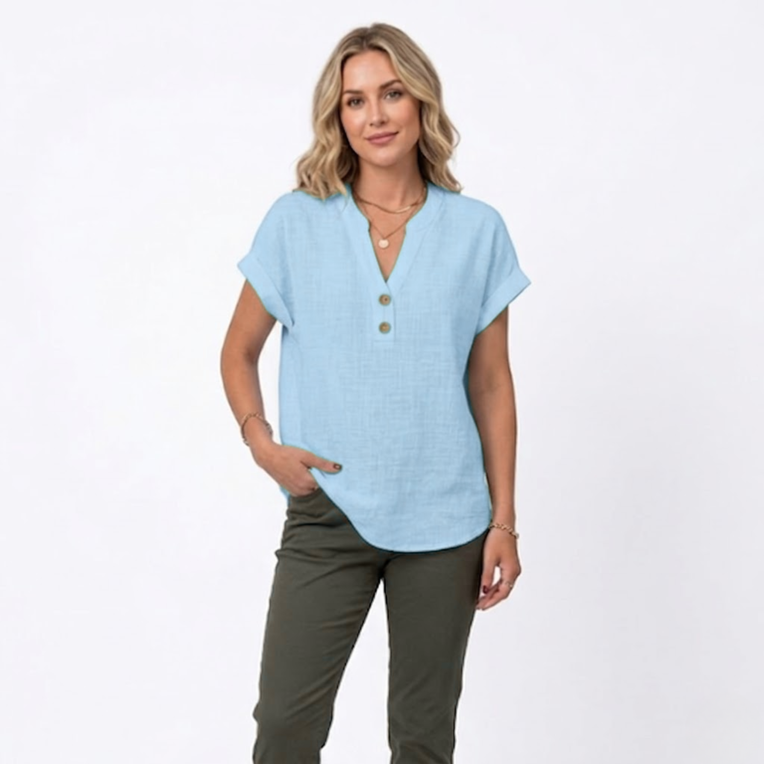 Chemisier en Coton et Lin à Col en V et Manches Courtes pour Femmes