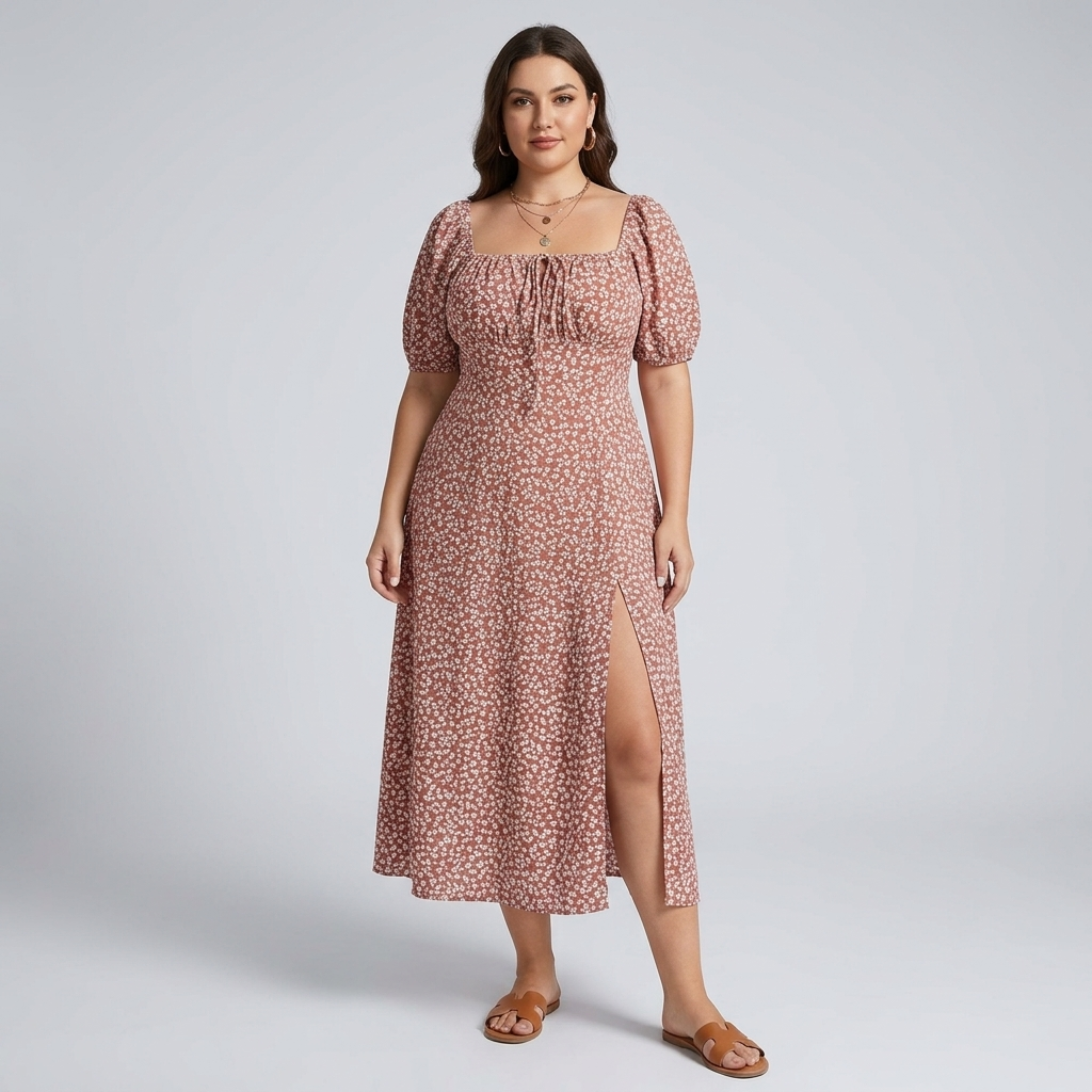 Robe longue grande taille à manches bouffantes imprimée