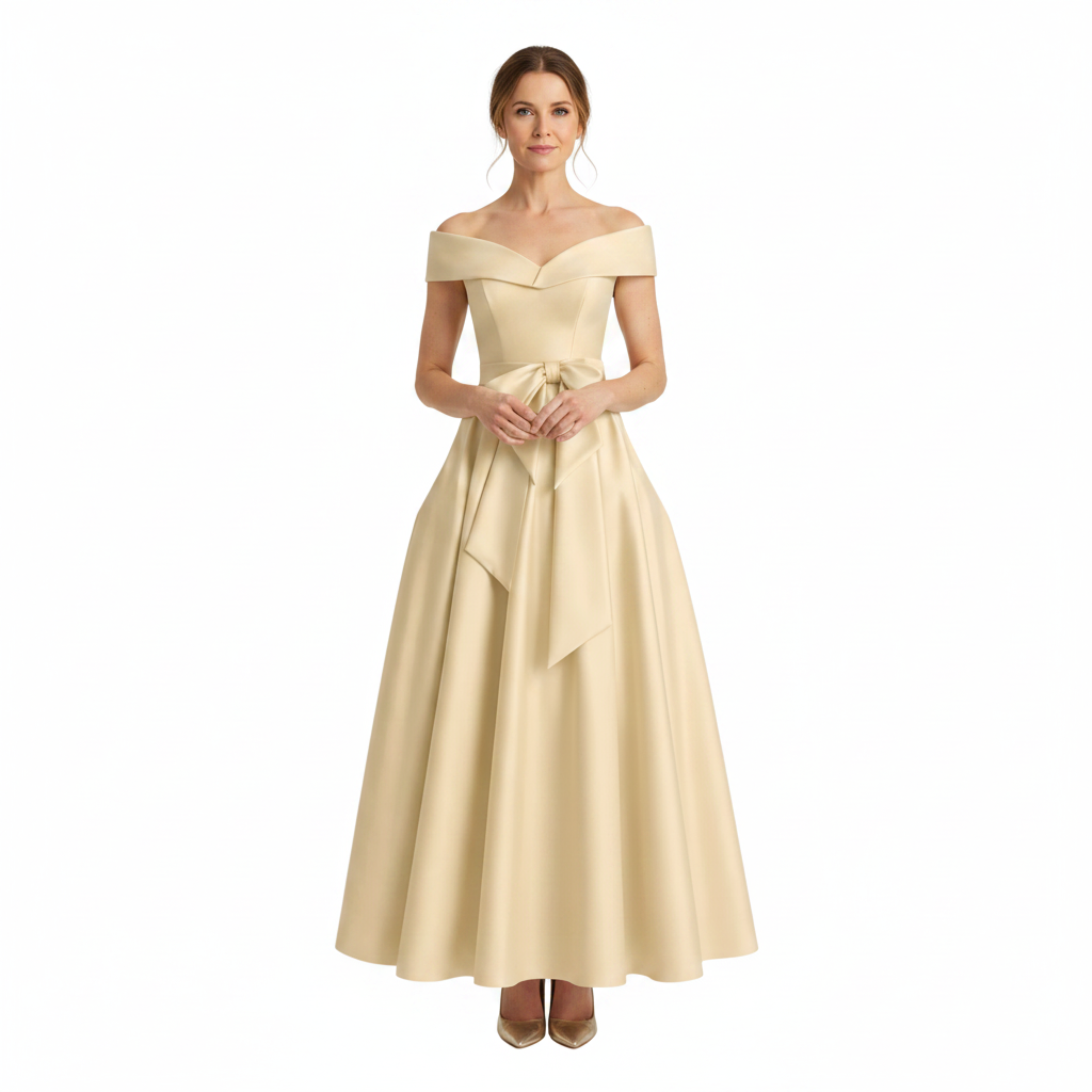 Robe Invitée de Mariage Midi Évasée à Épaules Dénudées avec Nœud à la Taille
