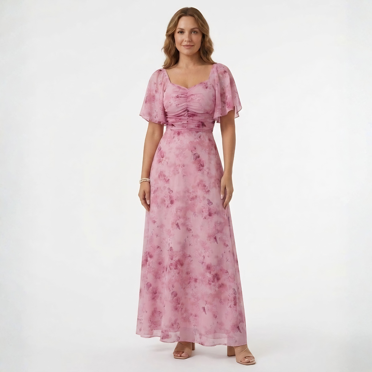 Rochie Maxi Florală pentru Invitată la Nuntă cu Mâneci Volanate și Guler în Formă de Inimă