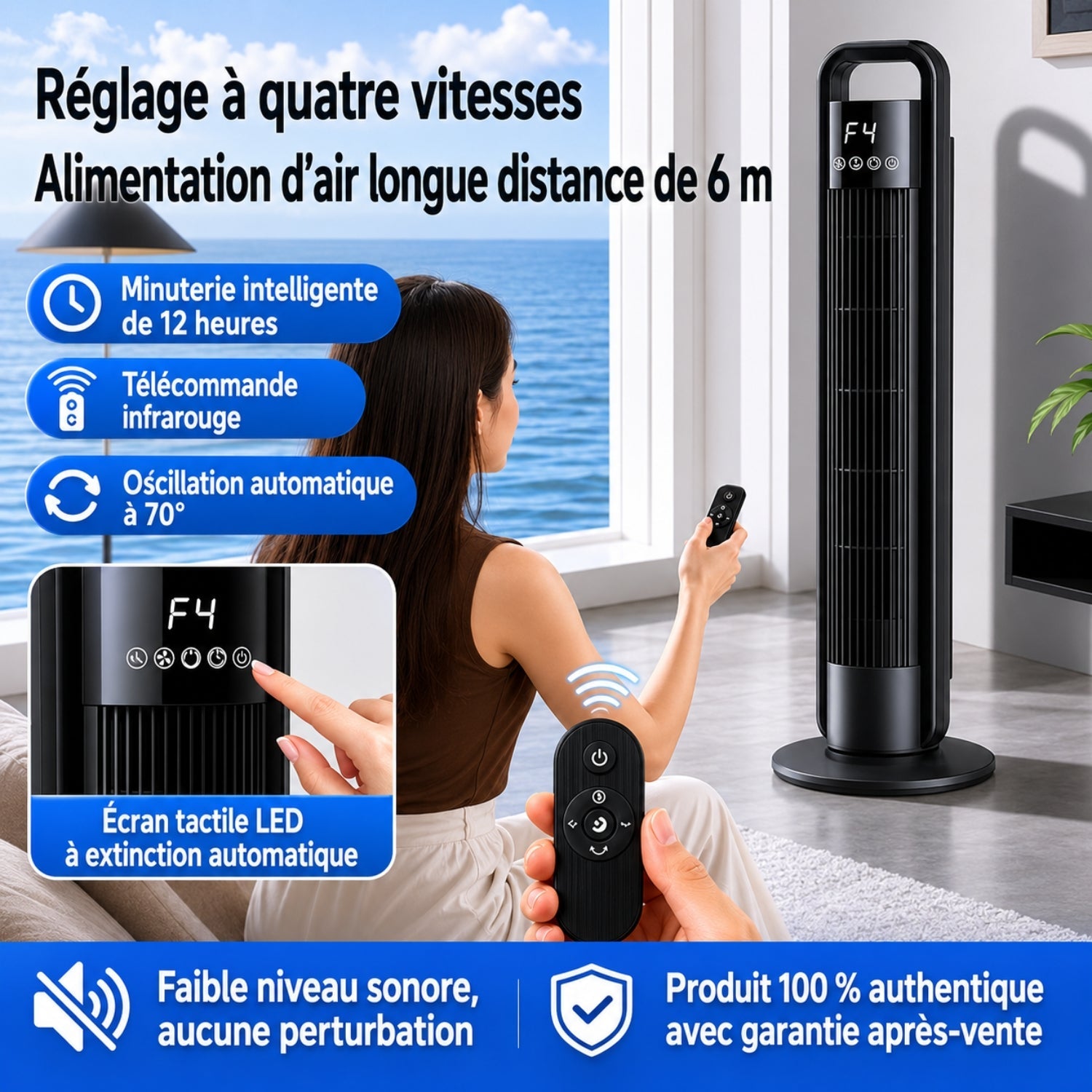 Stĺpový ventilátor s diaľkovým ovládaním, osciláciou a 4 rýchlosťami
