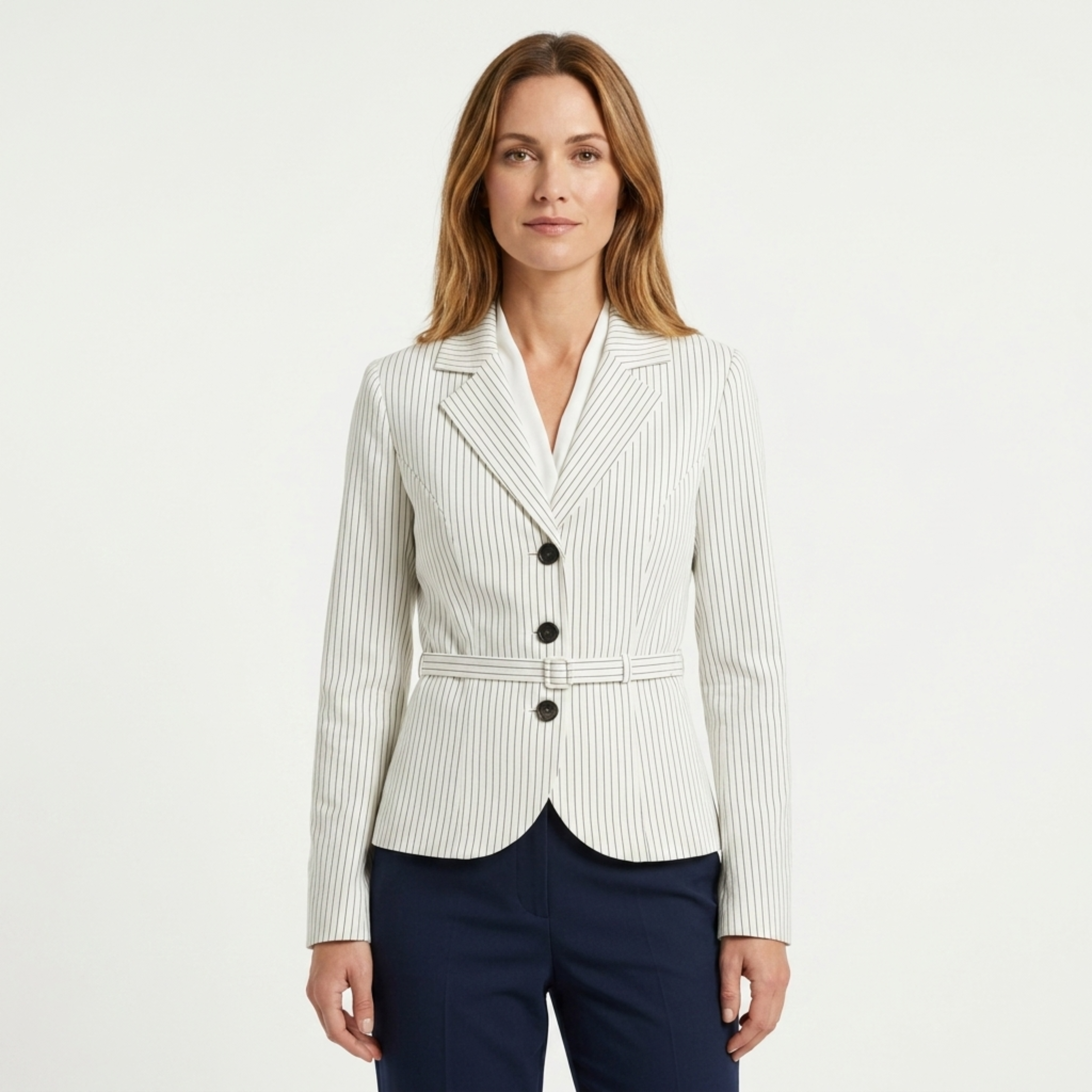 Women's Polyester Blazer – Stripes and Belt, Elegant Tailored Fit