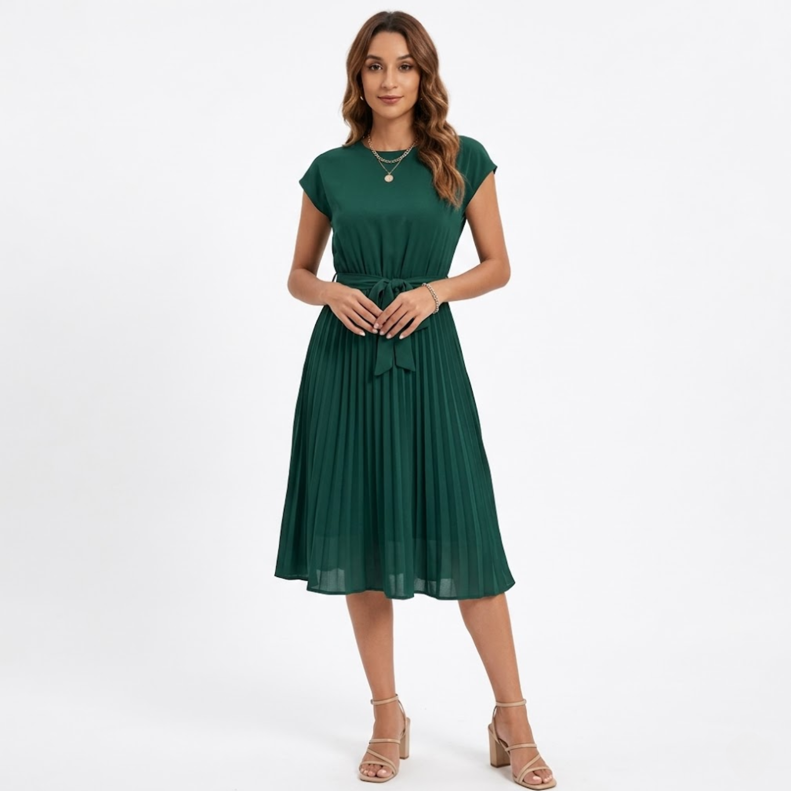 Vestido Midi Plisado de Manga Corta y Cintura Alta con Cinturón para Mujer