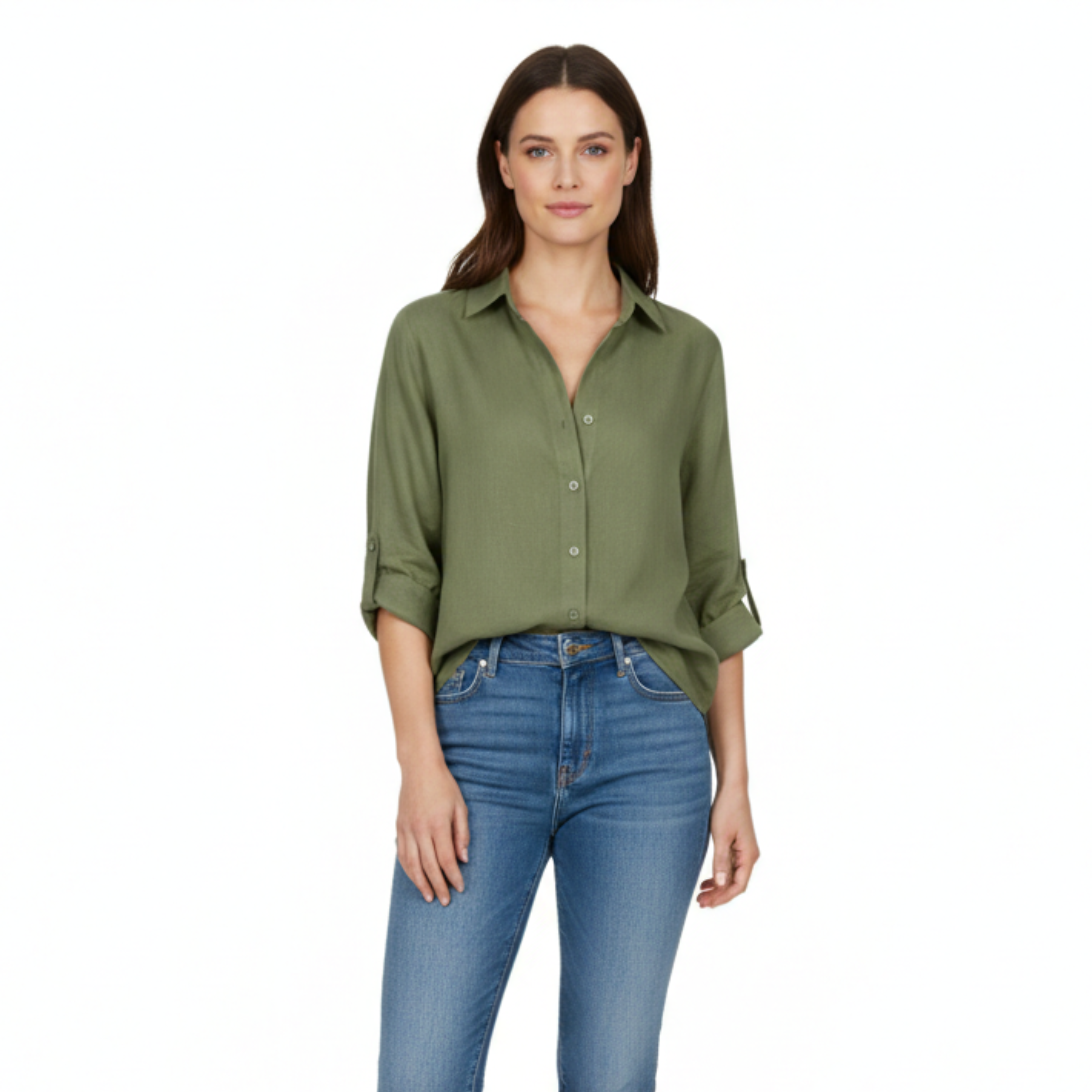 Chemise décontractée ample pour femmes à boutons avec manches trois-quarts et encolure fendue