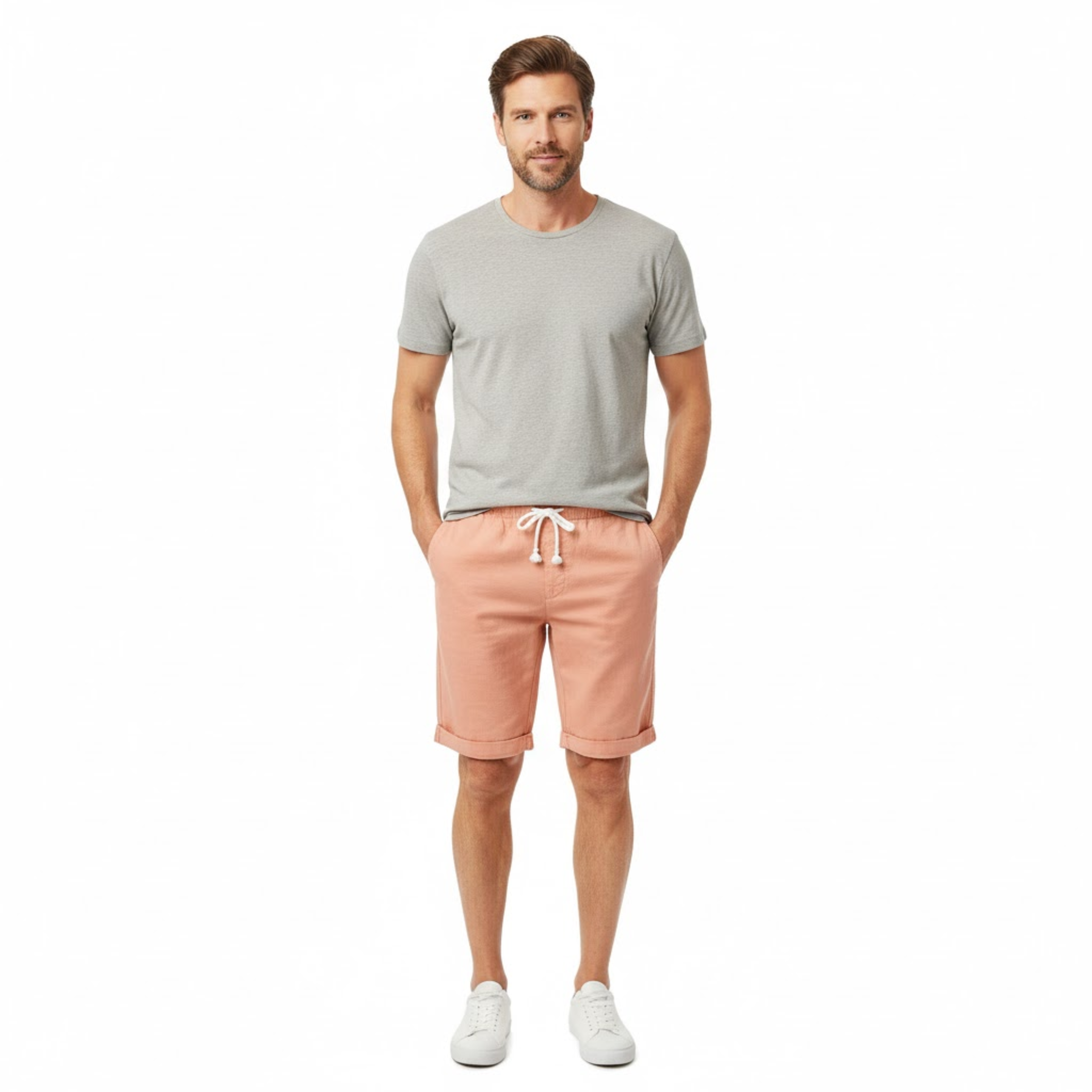 Short pour Hommes en 100 % Lin avec Taille Élastique à Cordon et Coupe Droite