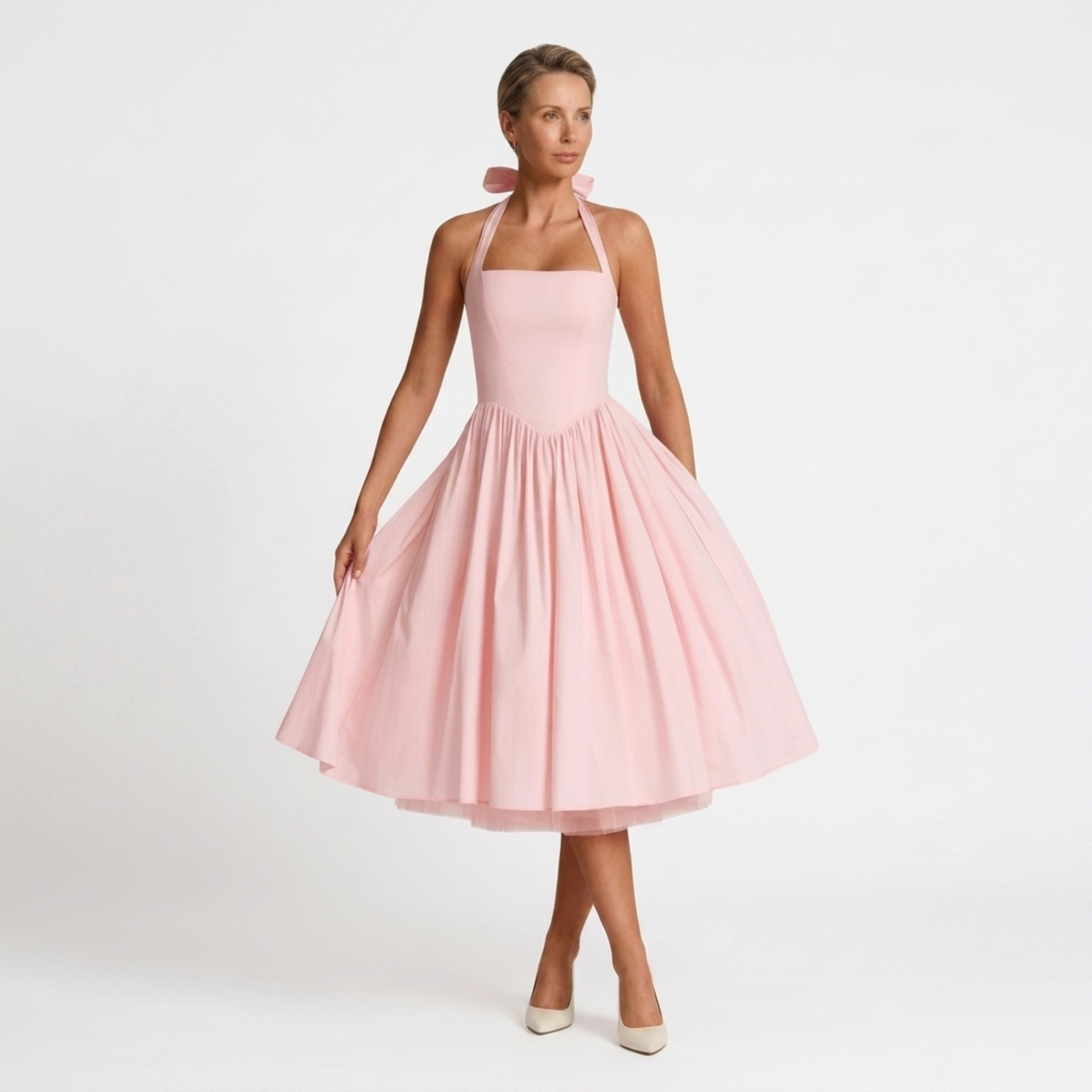 Robe midi femme halter — dos nu et jupe ample — mariage et cérémonie
