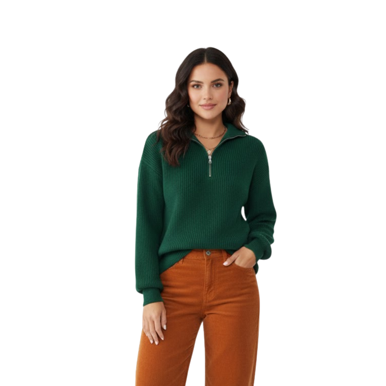 Pull femme élégant col montant demi-zip maille douce décontracté