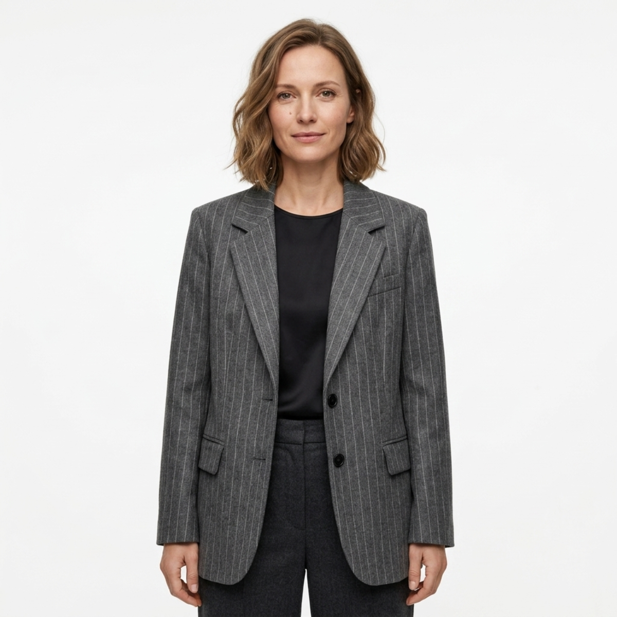Women’s Polyester Blazer – Fine Stripes and Relaxed Fit