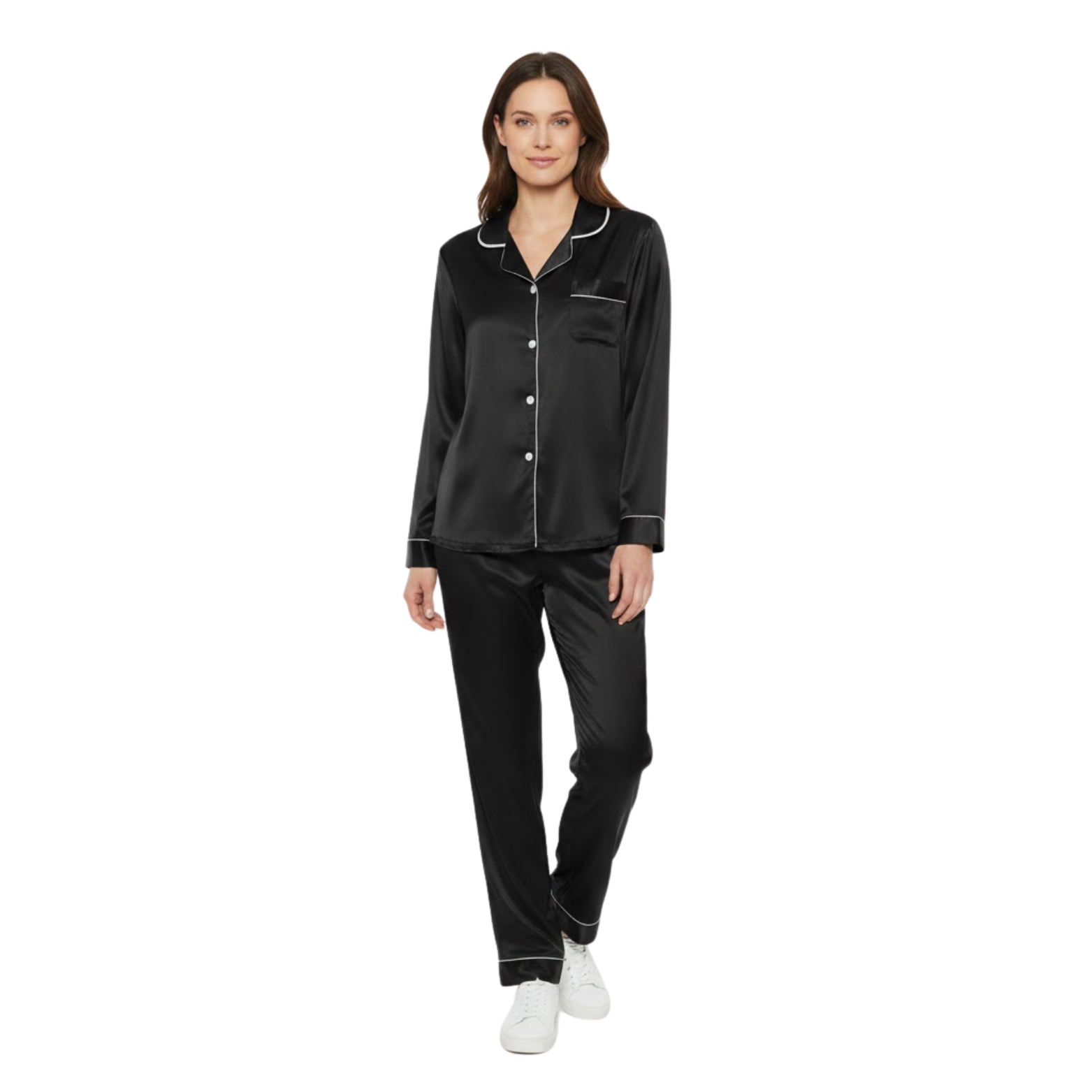 Ensemble pyjama en satin pour femme avec chemise à manches longues et pantalon